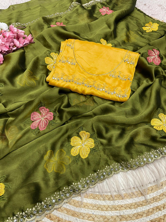 Mehndi Green Rangoli Silk Multi Colour Embroidery & Mirror Work Saree with Mustard Yellow Blouse