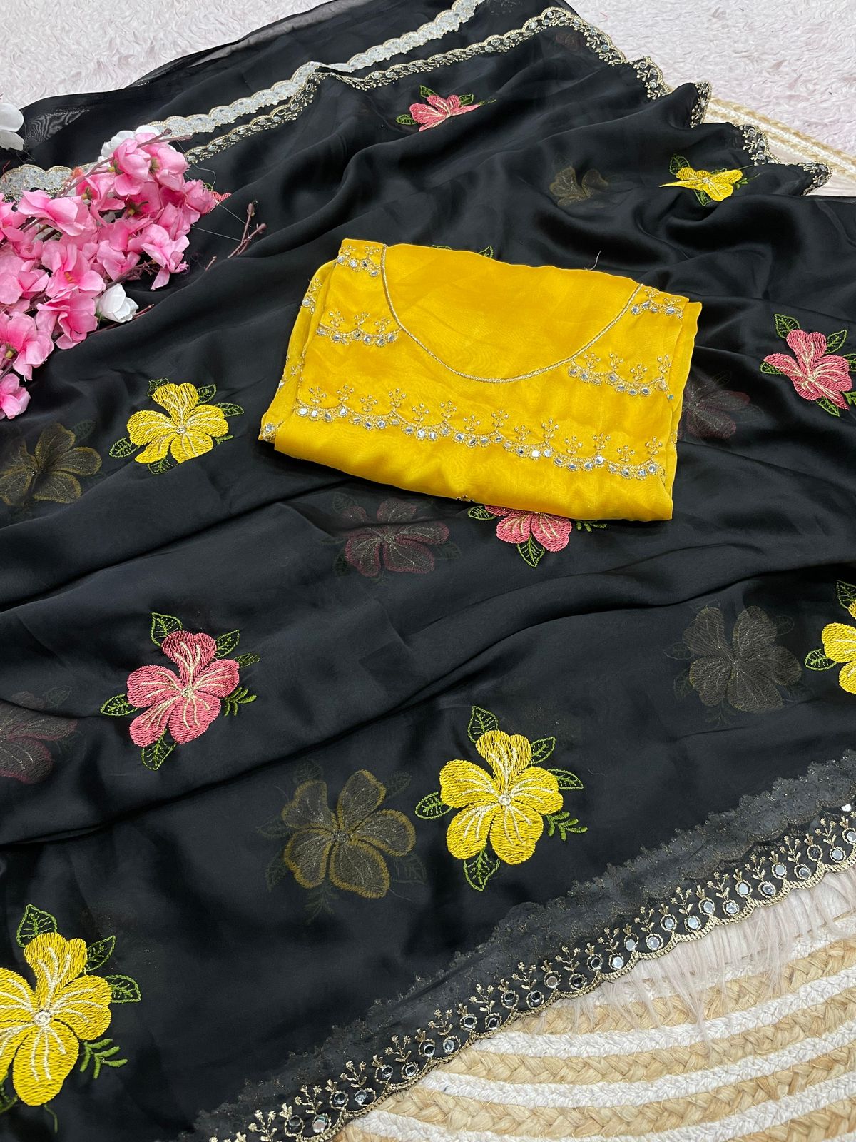Black Rangoli Silk Multi Colour Embroidery & Mirror Work Saree with Mustard Yellow Blouse