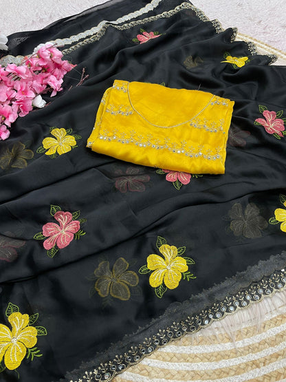 Black Rangoli Silk Multi Colour Embroidery & Mirror Work Saree with Mustard Yellow Blouse