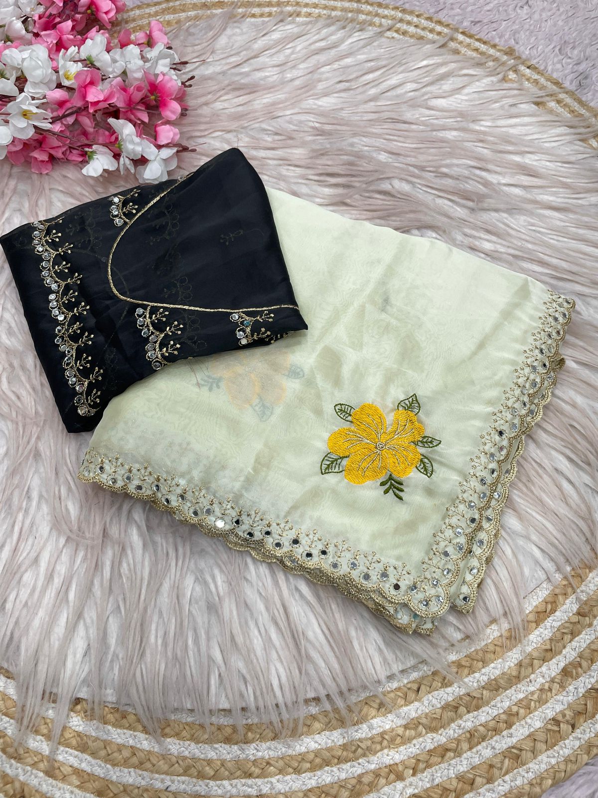 Cream Rangoli Silk Multi Colour Embroidery & Mirror Work Saree with Black Blouse