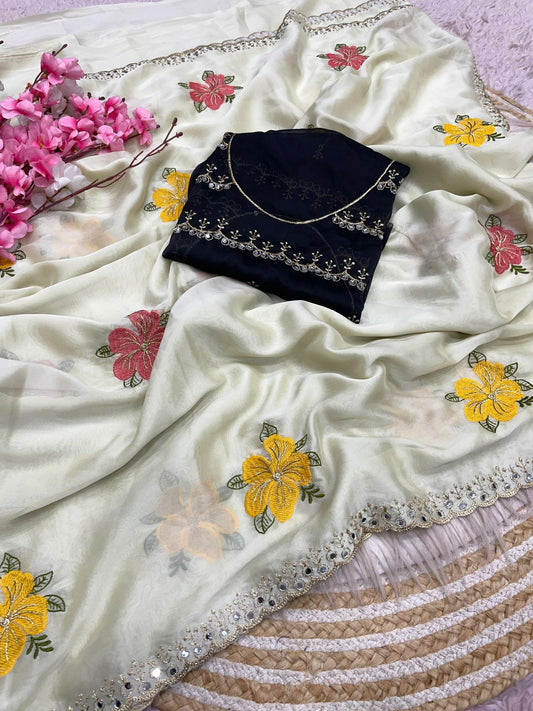 Cream Rangoli Silk Multi Colour Embroidery & Mirror Work Saree with Black Blouse