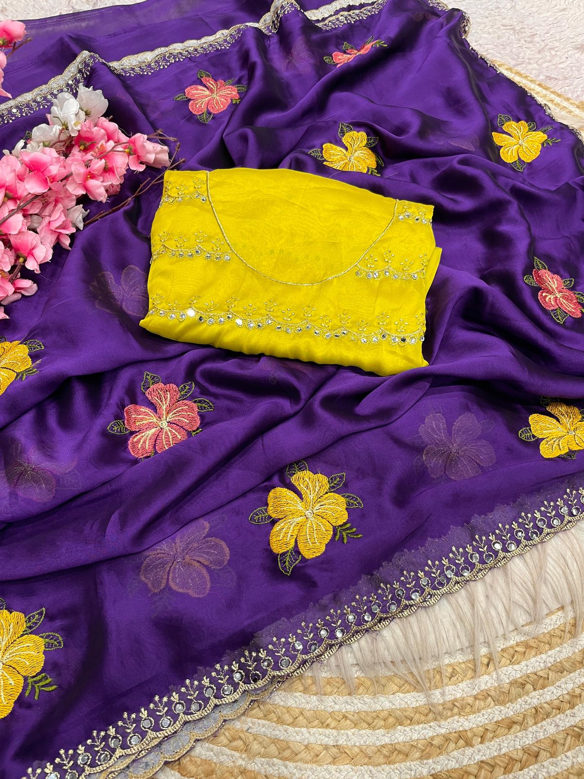 Purple Rangoli Silk Multi Colour Embroidery & Mirror Work Saree with Yellow Blouse