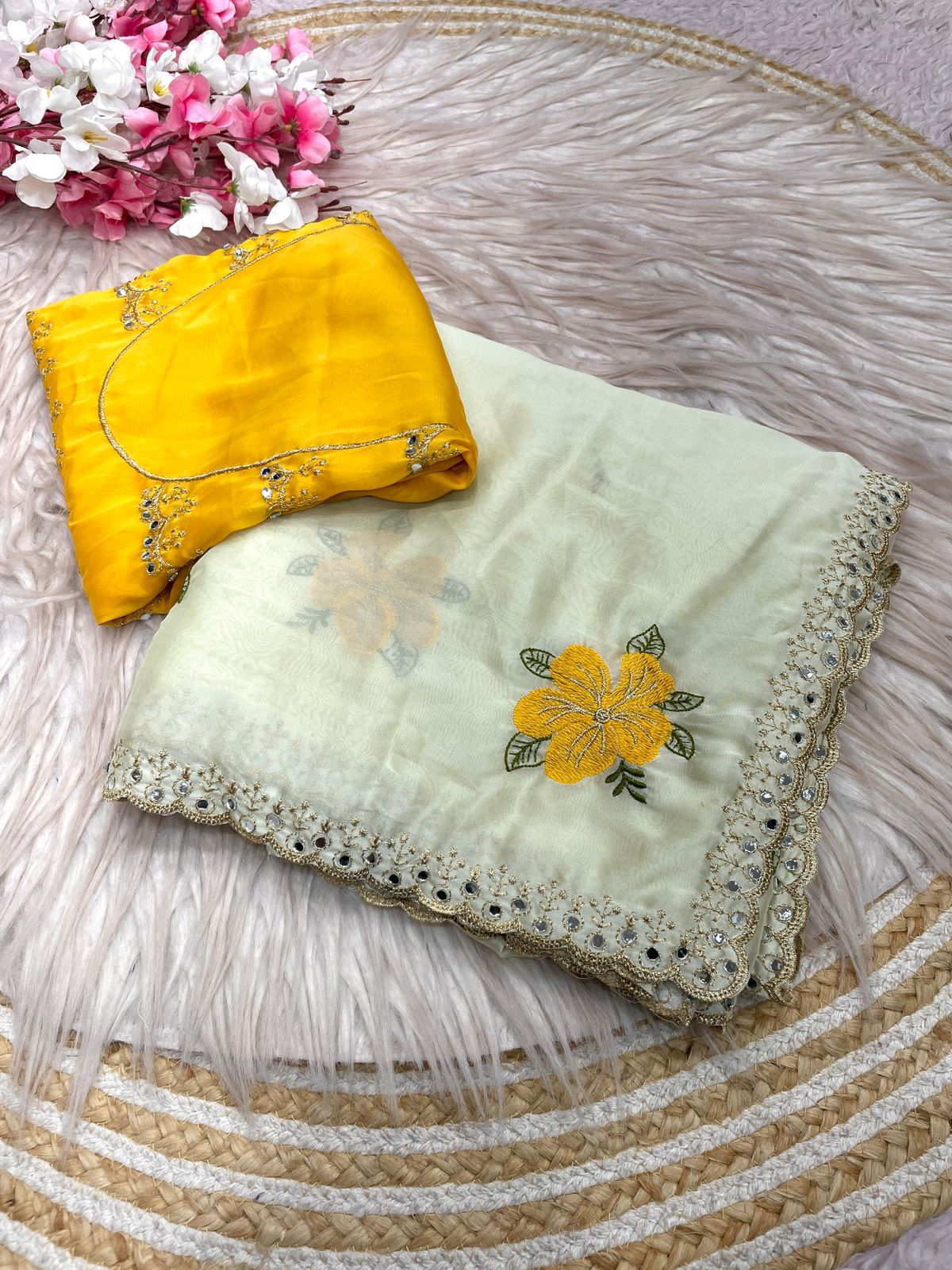 Cream Rangoli Silk Multi Colour Embroidery & Mirror Work Saree with Mustard Yellow Blouse