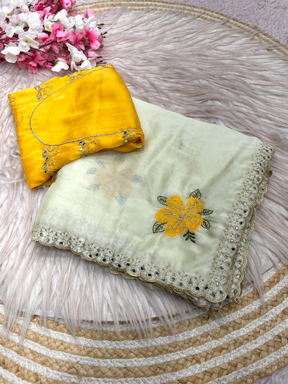 Cream Rangoli Silk Multi Colour Embroidery & Mirror Work Saree with Mustard Yellow Blouse