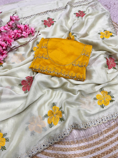 Cream Rangoli Silk Multi Colour Embroidery & Mirror Work Saree with Mustard Yellow Blouse