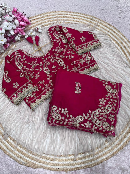 Rani Pink Embroidery work Saree with Ready To Wear Blouse