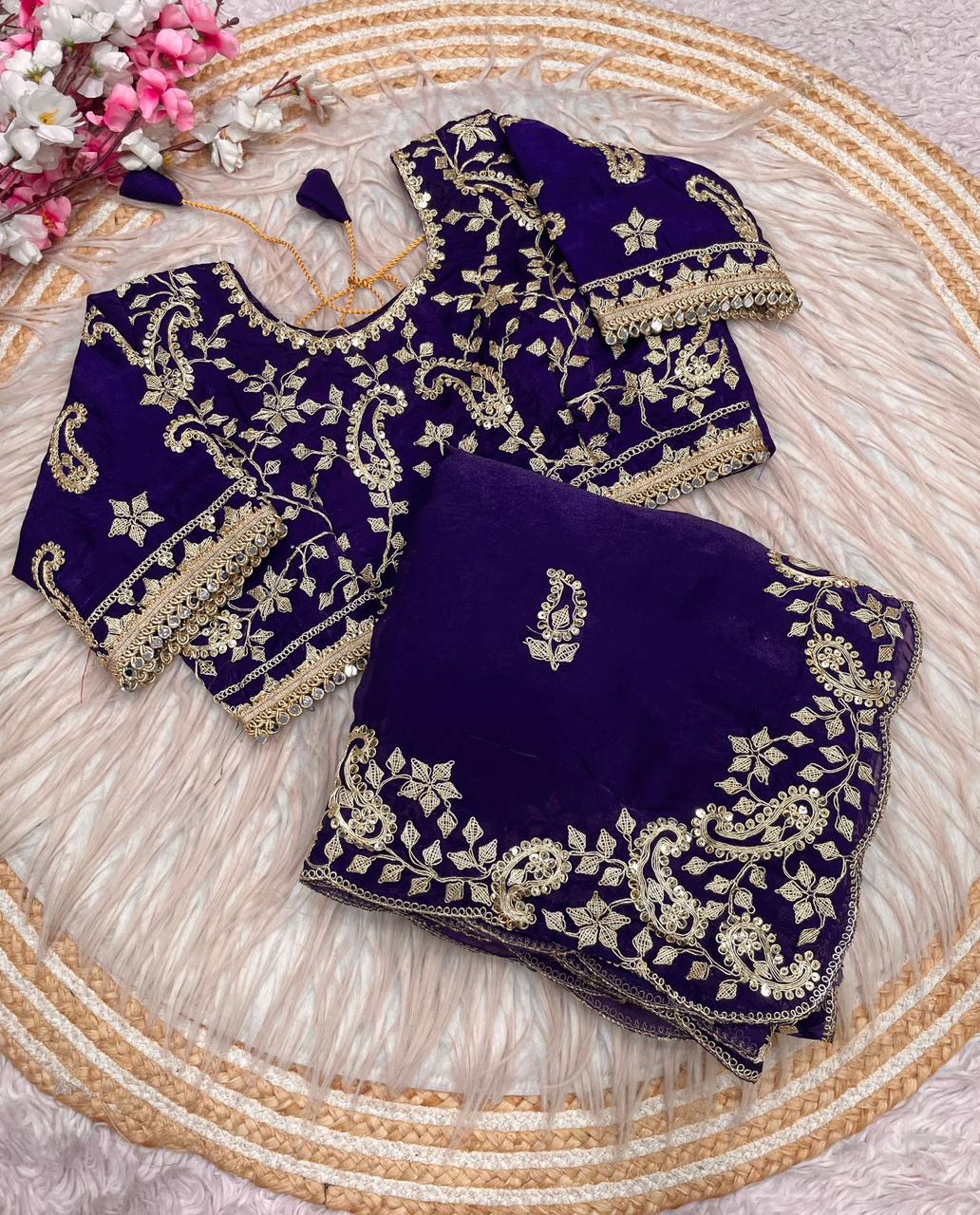 Purple Embroidery work Saree with Ready To Wear Blouse