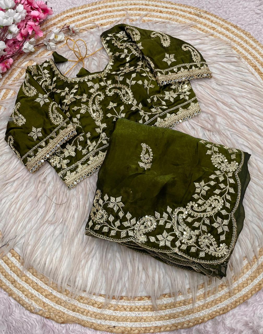 Mehndi Green Colour Embroidery work Saree with Ready To Wear Blouse