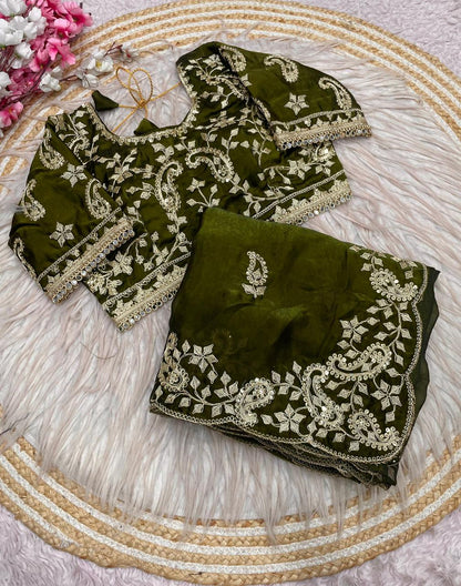 Mehndi Green Colour Embroidery work Saree with Ready To Wear Blouse