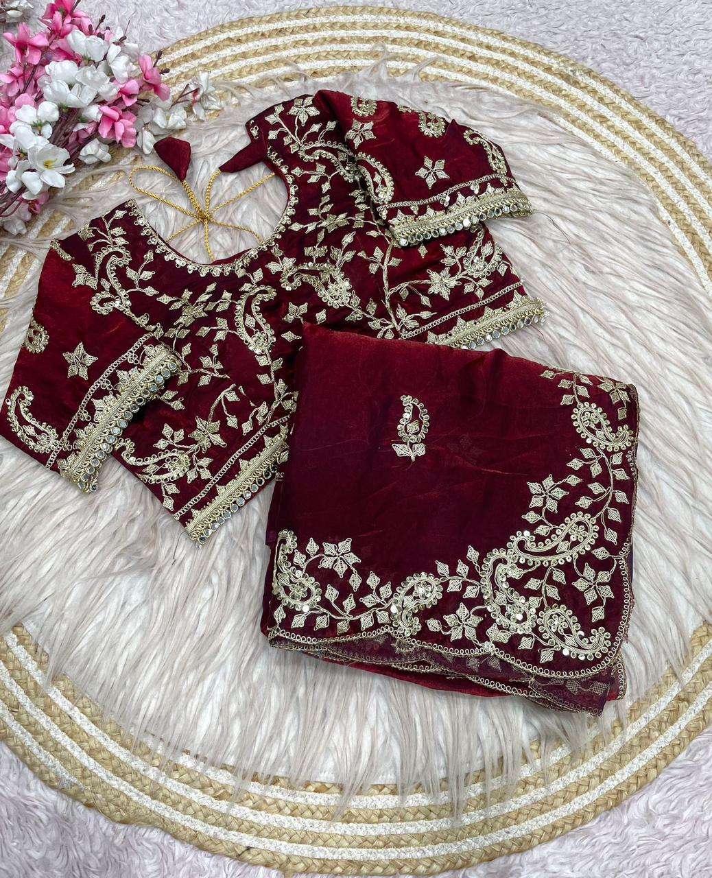 Maroon Colour Embroidery work Saree with Ready To Wear Blouse