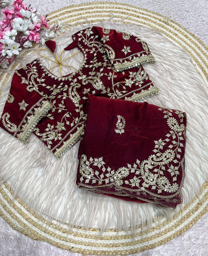 Maroon Colour Embroidery work Saree with Ready To Wear Blouse