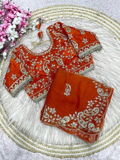 Rust Orange Embroidery work Saree with Ready To Wear Blouse