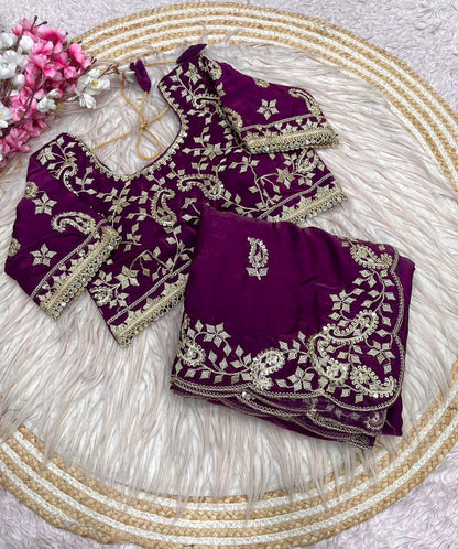 Wine Colour Embroidery work Saree with Ready To Wear Blouse