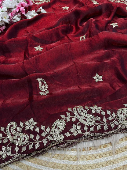 Maroon Colour Embroidery work Saree with Ready To Wear Blouse