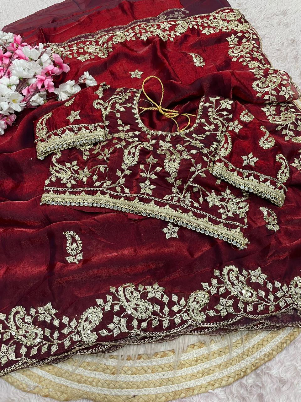 Maroon Colour Embroidery work Saree with Ready To Wear Blouse