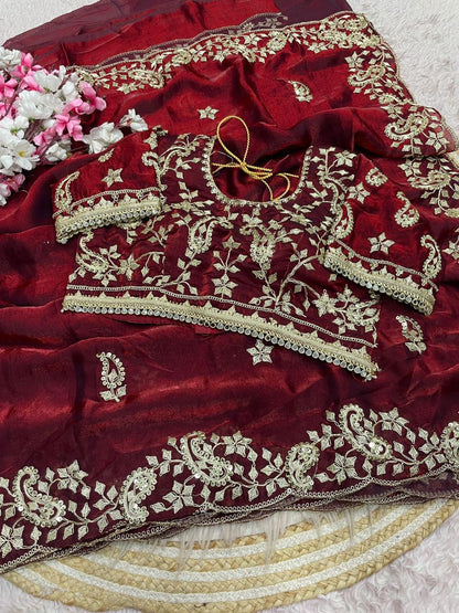 Maroon Colour Embroidery work Saree with Ready To Wear Blouse