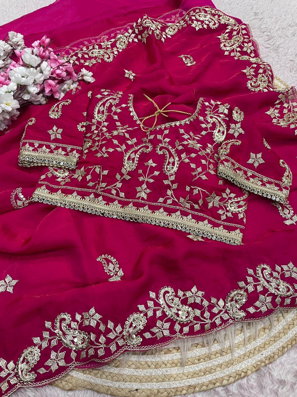 Rani Pink Embroidery work Saree with Ready To Wear Blouse