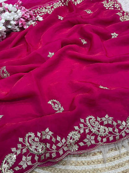 Rani Pink Embroidery work Saree with Ready To Wear Blouse