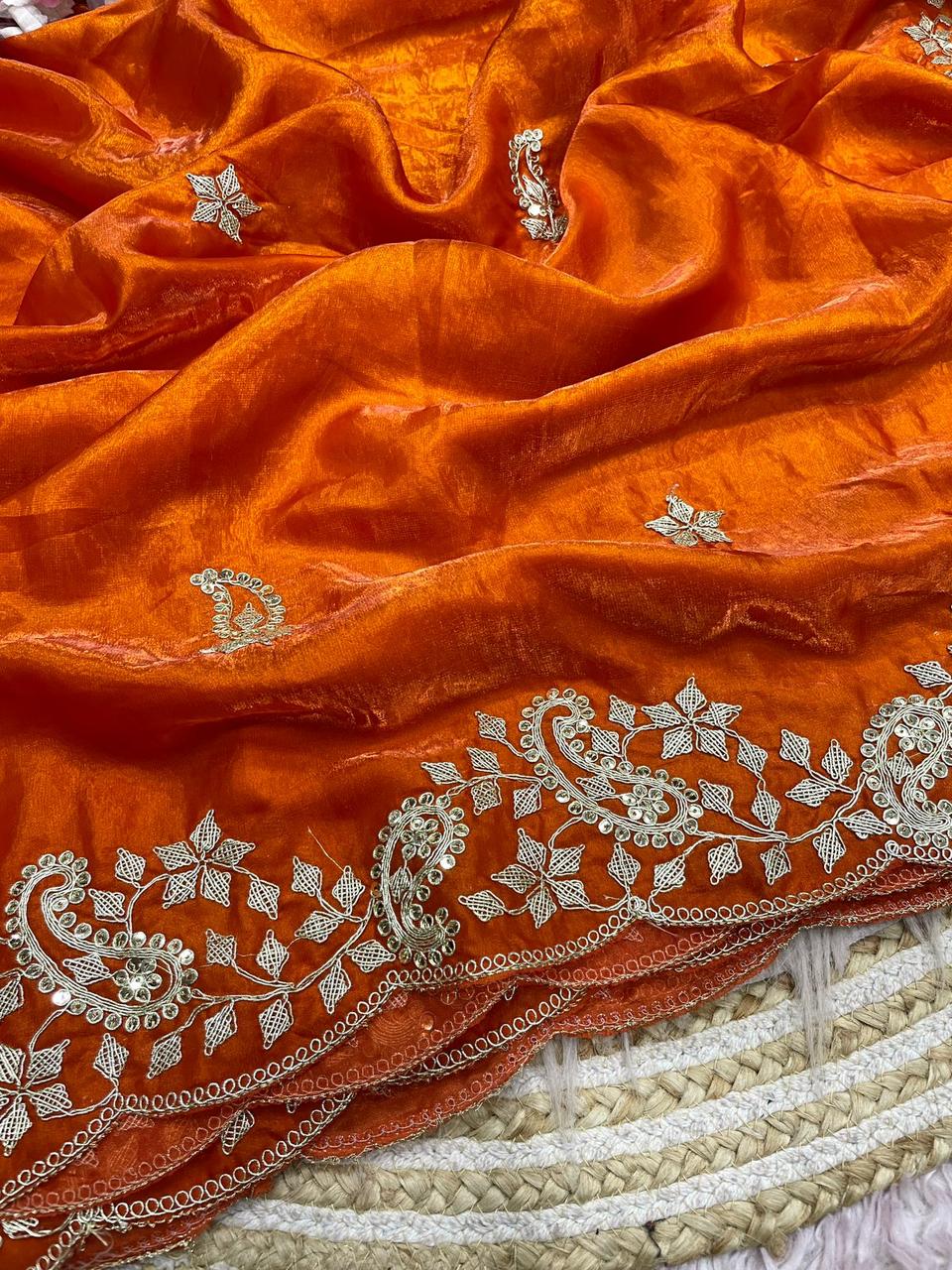 Rust Orange Embroidery work Saree with Ready To Wear Blouse