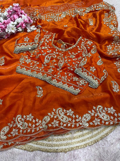 Rust Orange Embroidery work Saree with Ready To Wear Blouse