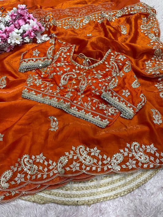 Rust Orange Embroidery work Saree with Ready To Wear Blouse
