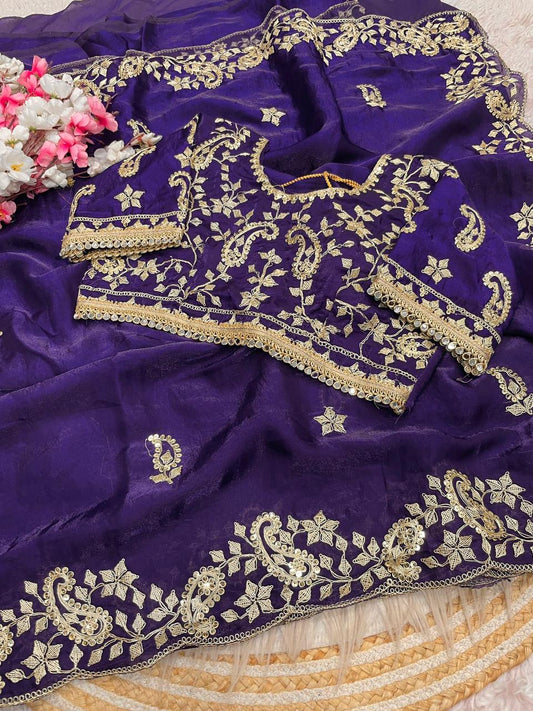Purple Embroidery work Saree with Ready To Wear Blouse