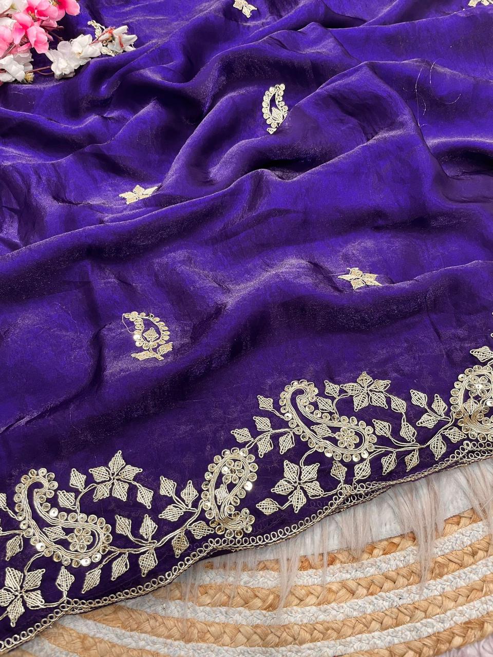 Purple Embroidery work Saree with Ready To Wear Blouse