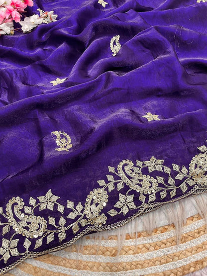 Purple Embroidery work Saree with Ready To Wear Blouse