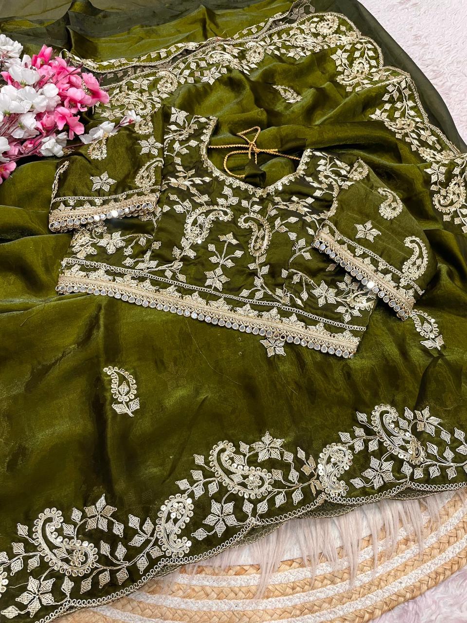 Mehndi Green Colour Embroidery work Saree with Ready To Wear Blouse
