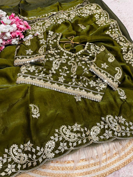 Mehndi Green Colour Embroidery work Saree with Ready To Wear Blouse