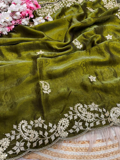 Mehndi Green Colour Embroidery work Saree with Ready To Wear Blouse