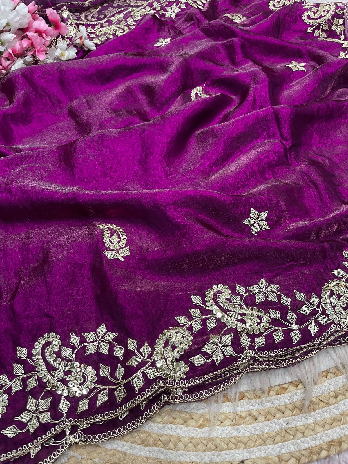 Wine Colour Embroidery work Saree with Ready To Wear Blouse