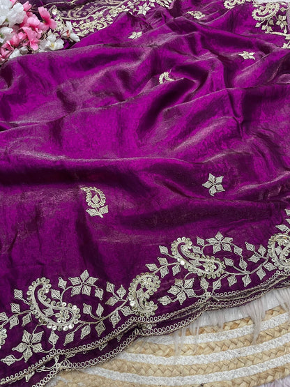 Wine Colour Embroidery work Saree with Ready To Wear Blouse