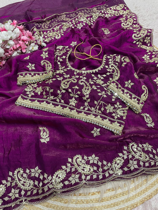 Wine Colour Embroidery work Saree with Ready To Wear Blouse