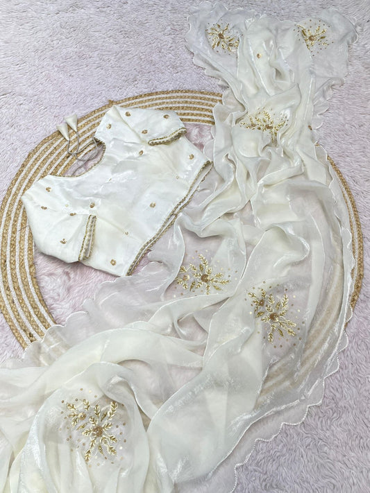 White Fandy Sattin Saree with Ready To Wear Blouse