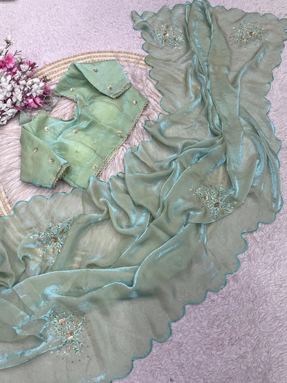 Pista Green Fandy Sattin Saree with Ready To Wear Blouse