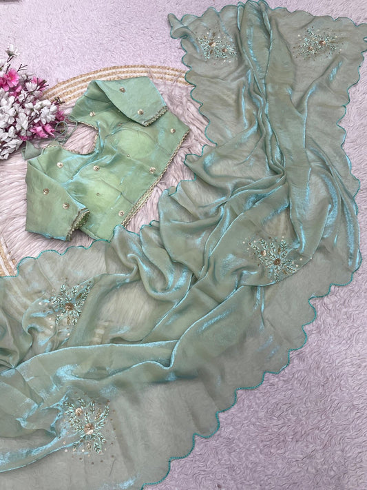 Pista Green Fandy Sattin Saree with Ready To Wear Blouse