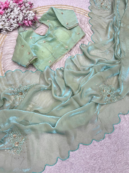Pista Green Fandy Sattin Saree with Ready To Wear Blouse