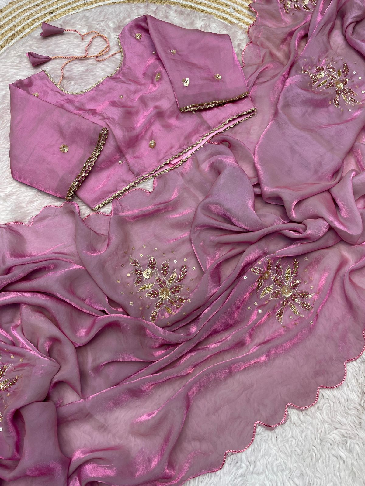Onion Pink Fandy Sattin Saree with Ready To Wear Blouse