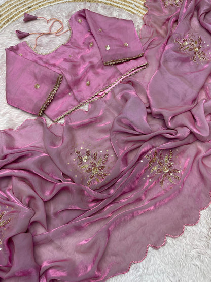 Onion Pink Fandy Sattin Saree with Ready To Wear Blouse