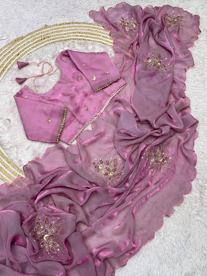 Onion Pink Fandy Sattin Saree with Ready To Wear Blouse