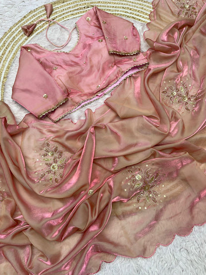 Peach Fandy Sattin Saree with Ready To Wear Blouse
