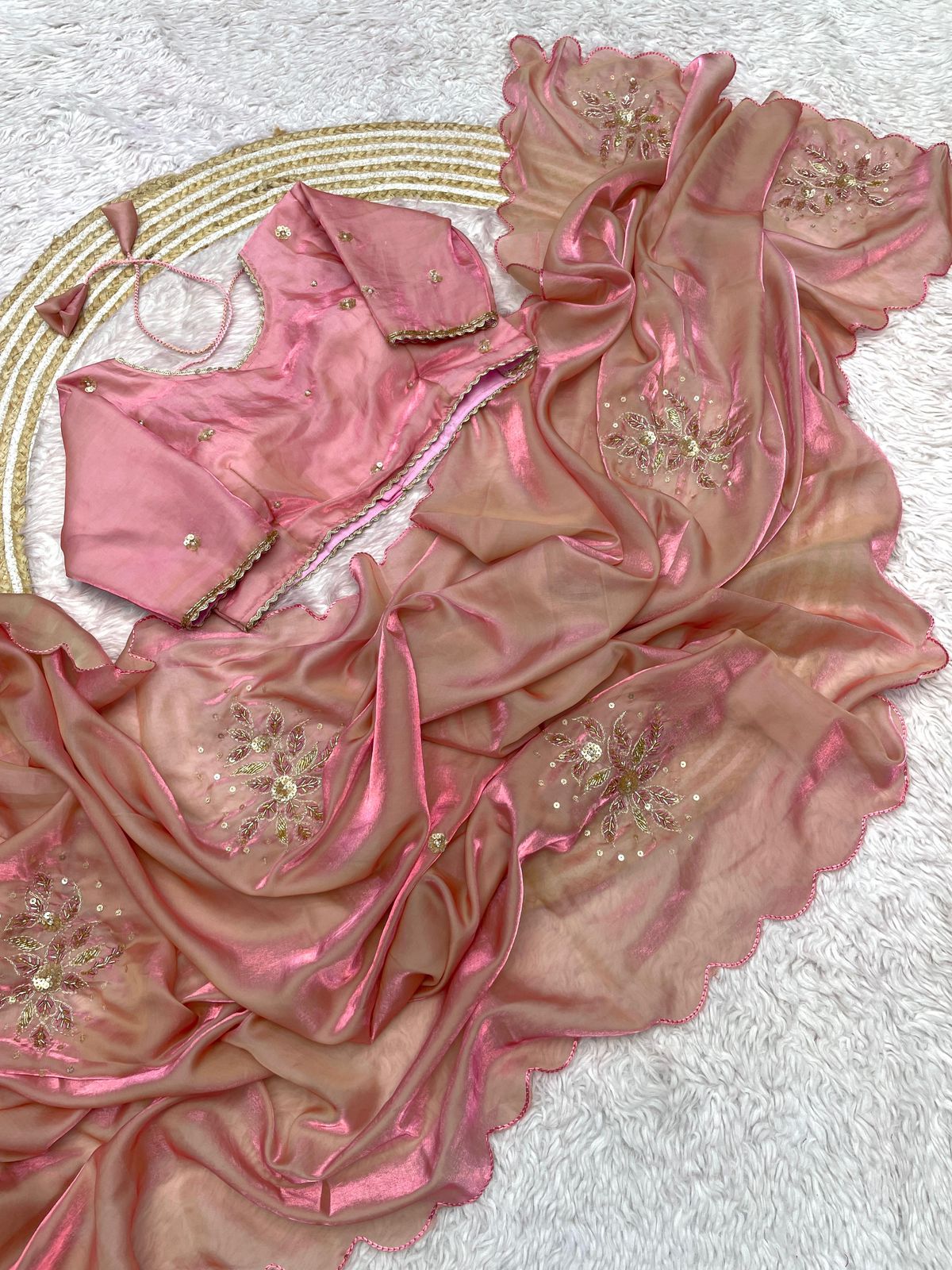 Peach Fandy Sattin Saree with Ready To Wear Blouse