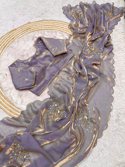 Lavender Fandy Sattin Saree with Ready To Wear Blouse