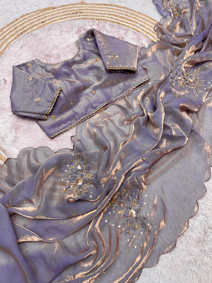Lavender Fandy Sattin Saree with Ready To Wear Blouse