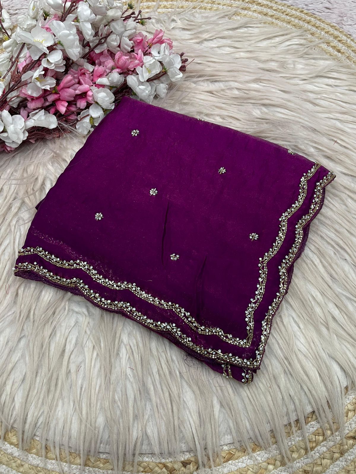 Fandy Sattin Khatli Cut Dana Handwork Saree with Unstitched Blouse