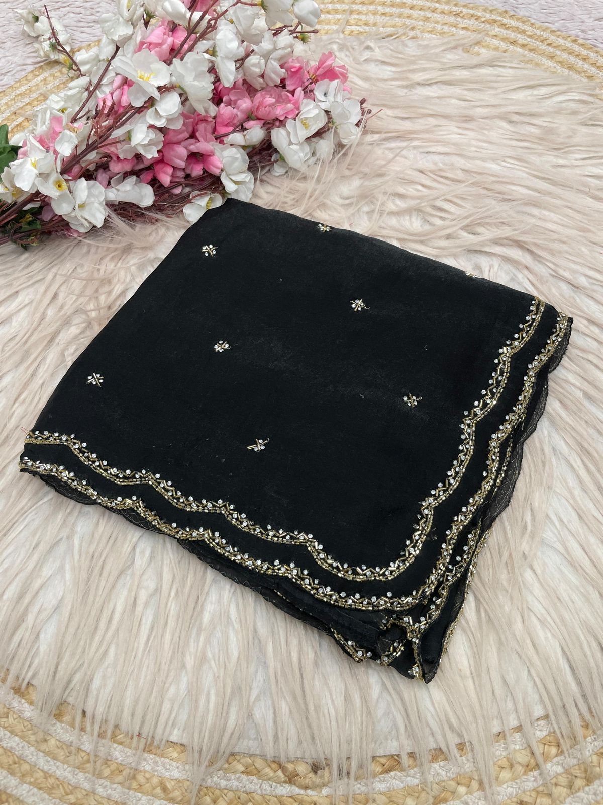 Fandy Sattin Khatli Cut Dana Handwork Saree with Unstitched Blouse