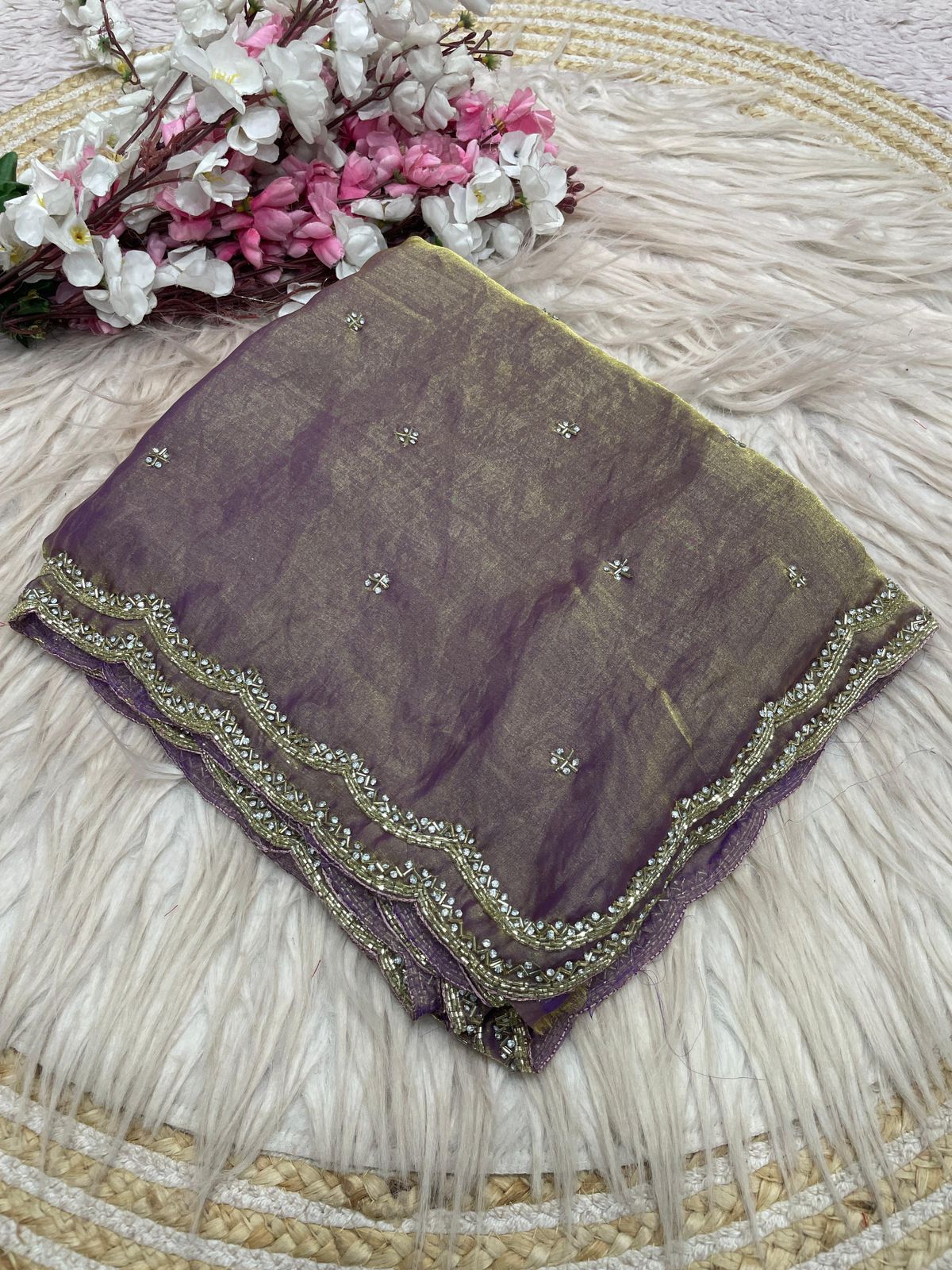 Fandy Sattin Khatli Cut Dana Handwork Saree with Unstitched Blouse