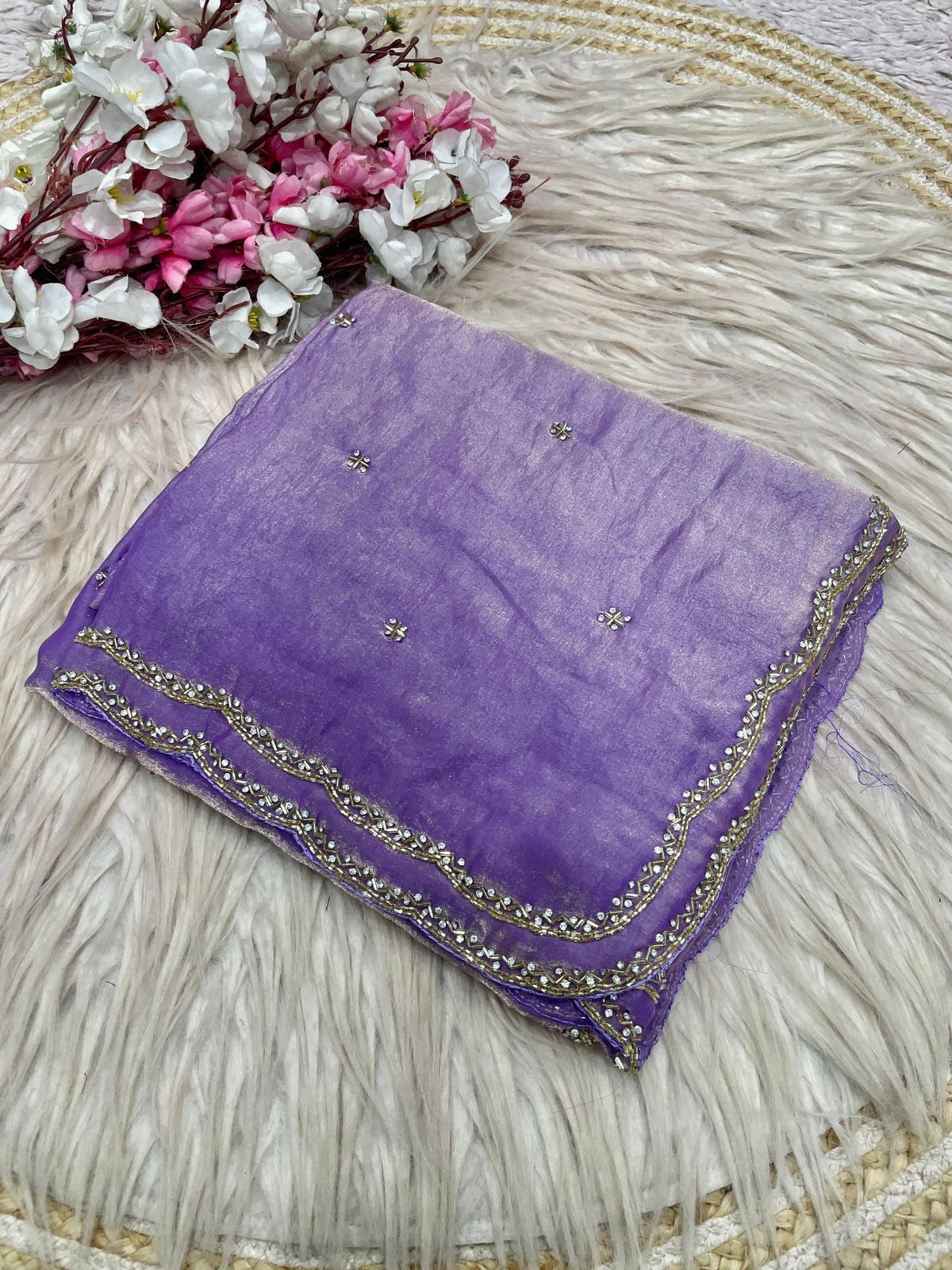 Fandy Sattin Khatli Cut Dana Handwork Saree with Unstitched Blouse