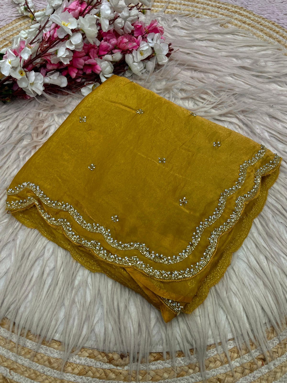 Fandy Sattin Khatli Cut Dana Handwork Saree with Unstitched Blouse
